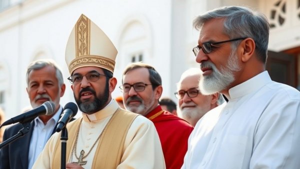 Clerical leader speaking outdoors next to a well-dressed man under sunlight.