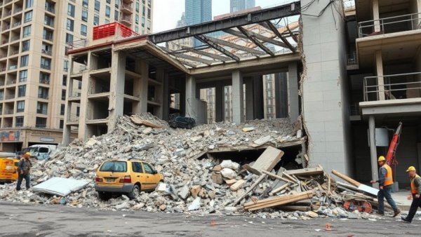 Philadelphia parking garage collapse showing structural damage and debris.