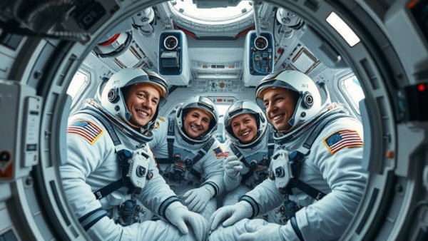 Astronauts smiling inside technology-filled spacecraft.