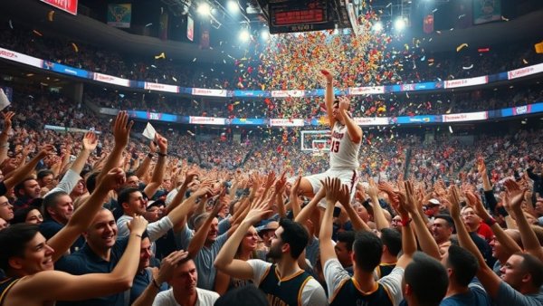 Energetic basketball crowd celebrating NBA record 73 wins.