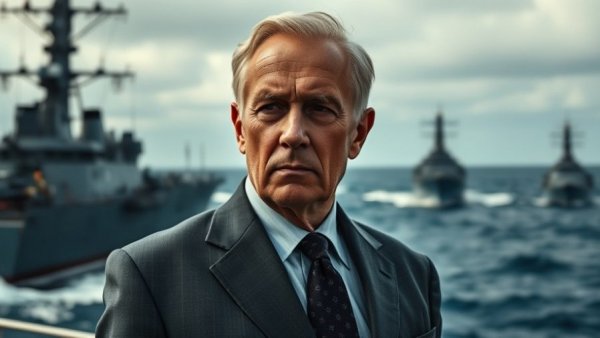 Iran US Blockade Strait of Hormuz news imagery with serious man.