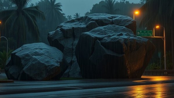 Boulders crash onto wet Hawaii highway at night.