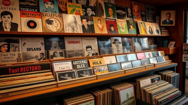 Vinyl albums on a shelf in a cozy record store for Record Store Day Austin.