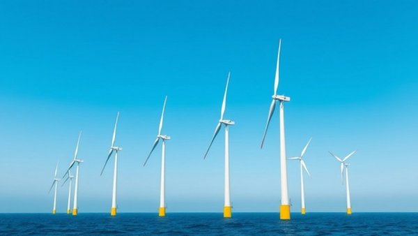 Offshore wind turbines with blue sky, renewable energy scene