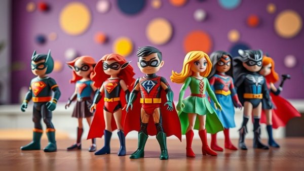 Colorful paper dolls in superhero costumes, promoting prevention of child abuse in Bexar County.