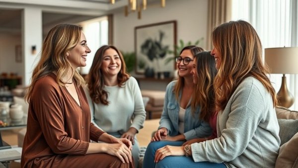 Friendly conversation during Austin luxury home tour in an elegant living room.