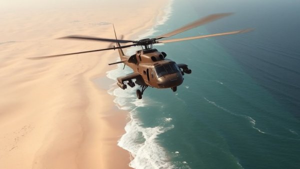 Aerial view of US military helicopter near Iran's coastline for sea mine strategies.