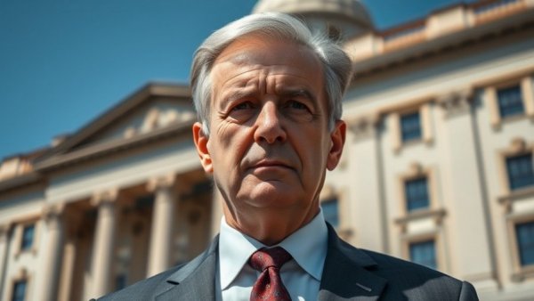 News in the US: man in suit on TV with government building background.