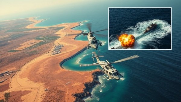 Military helicopter and sea explosion showcase Iran's sea mine threat.