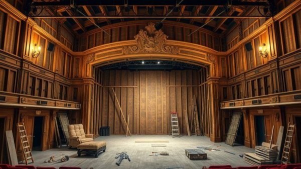 Georgetown Palace Theater restoration stage construction with wooden frames and tools.