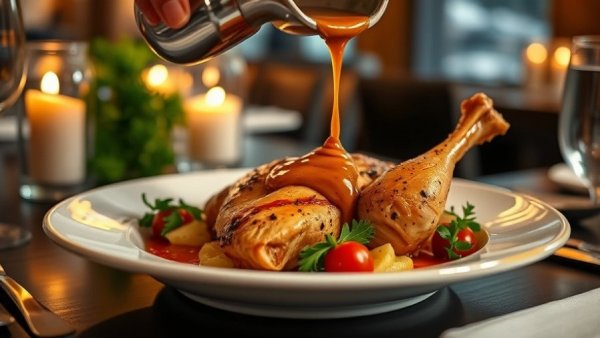 CBD Provisions Dallas restaurant dish with sauce being poured over roasted chicken.