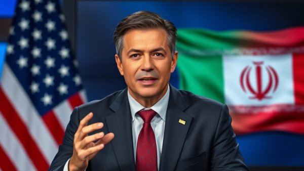 Mature news anchor presenting national news with flags in background.