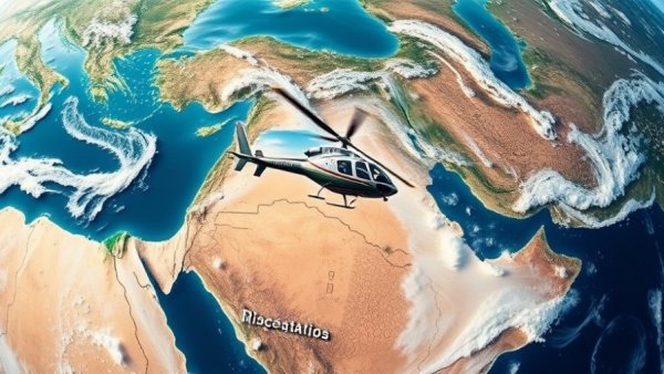 Satellite map collage showing helicopter over Middle East near sea mines.