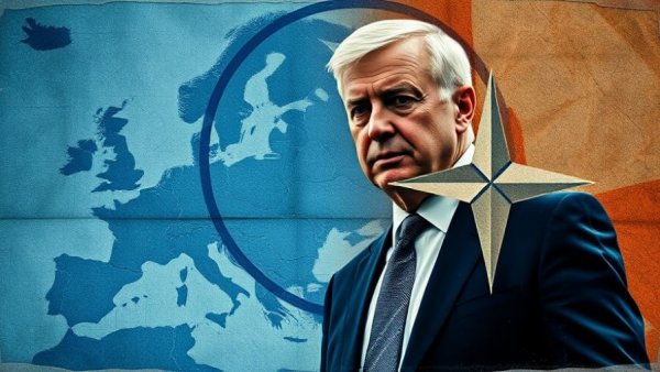 NATO allies at risk focus with abstract political context and serious figure.