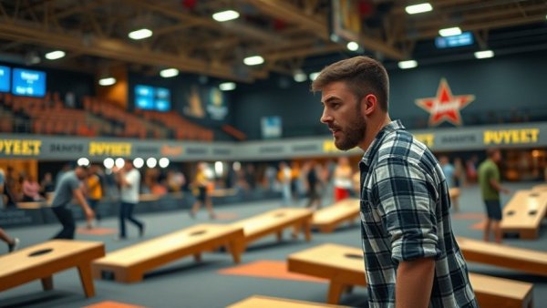 Professional cornhole player focused during a match.