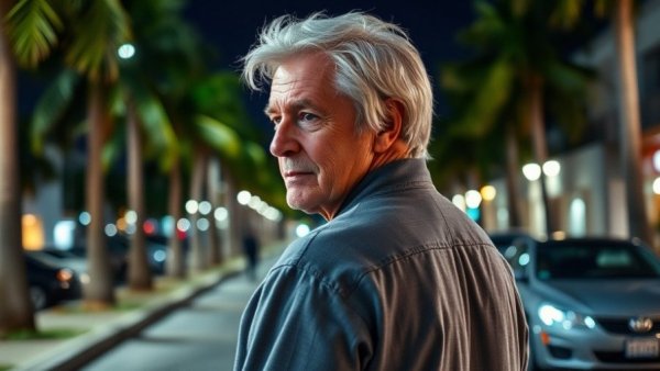 Older man in nighttime scene investigating disappearance at sea.