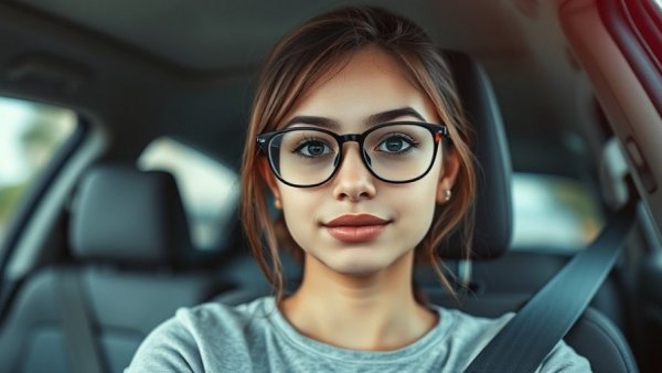 Young woman in collage with soft-focus effect in car.