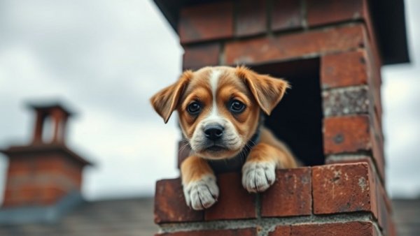 Puppy stuck in chimney rescue with dramatic overcast sky.
