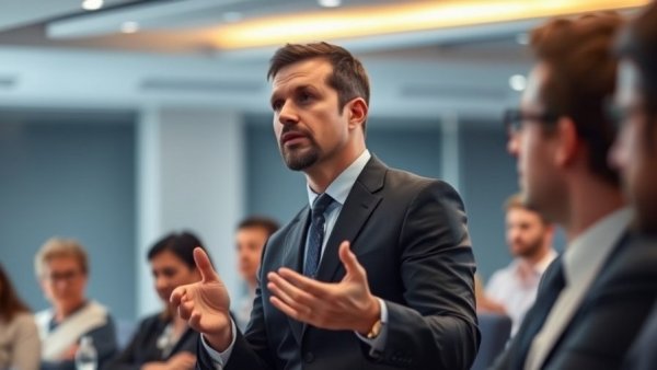 Professional man speaking at an indoor event under bright lighting.