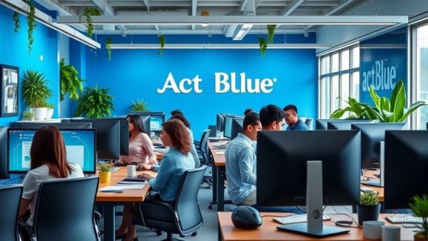 Focused professionals in ActBlue office working on fraud prevention in political donations.