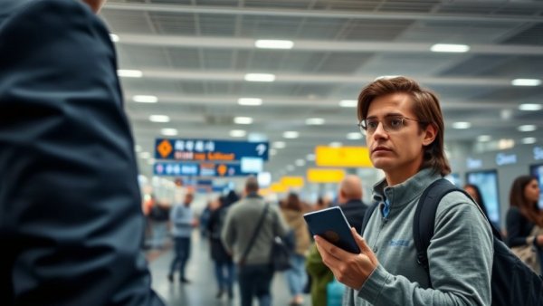 Security check at airport involving passport and phone display.