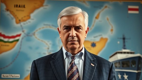 Map of Strait of Hormuz with political figure and marine vessel.