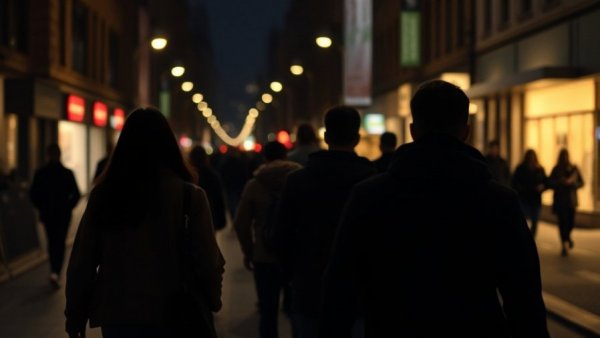 Silhouettes on a dimly lit street for human trafficking awareness.