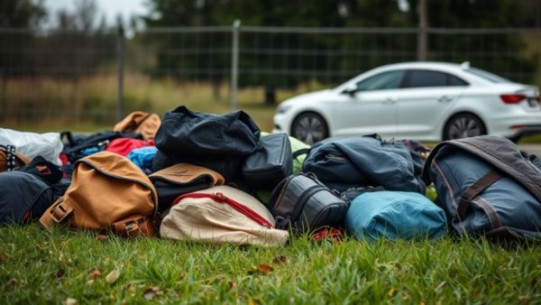 Scattered belongings on grass near a fence in Austin, overcast lighting.