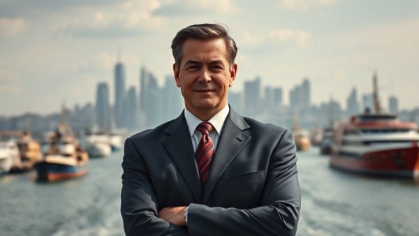 Trump's confident stance with harbor backdrop, discussing Iran war status.