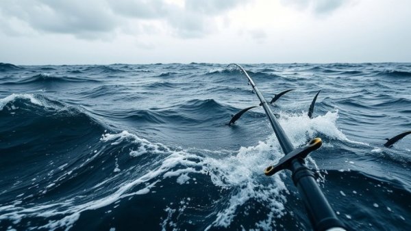 Fisherman surrounded by sharks in stormy ocean scene.