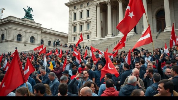Protestors gathered outside a government building protesting energetically.