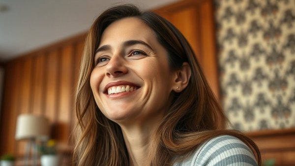Woman in polka dot shirt smiling indoors, Ronda Rousey MMA return.