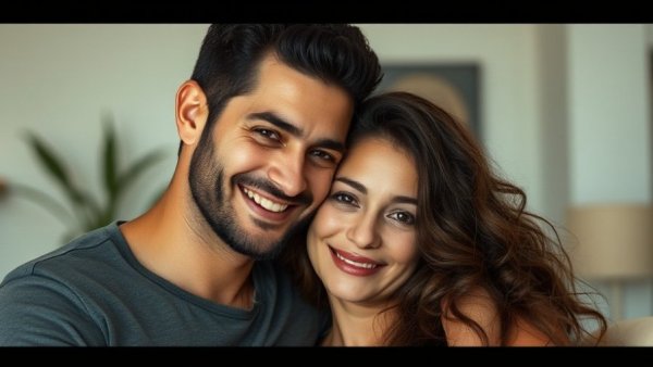 Couple together, man smiling, in an indoor setting.
