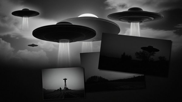 Vintage UFO images and documentary cover, UFO classified files reckoning theme.