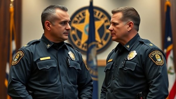 Officers with AI body cameras discuss in front of sheriff emblem.