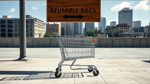 Empty shopping cart under reusable bags sign in parking lot.