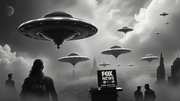 National news about UFOs: Retro illustration with UFOs and news branding.
