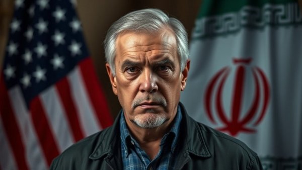 Serious man in front of US and Iranian flags, Trump's militaristic strategy.