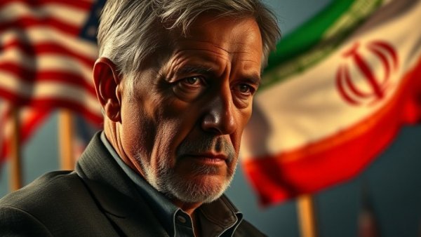 Older male contemplating strategy with US and Iran flags