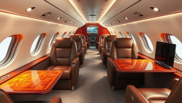 Luxury private jet interior with plush seating, wood tables.
