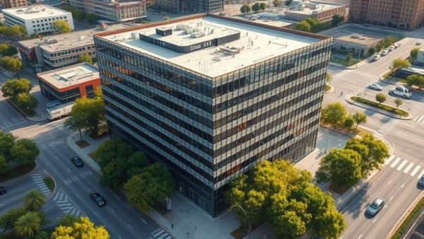 Aerial view of Dallas commercial real estate listings with modern buildings and roads.