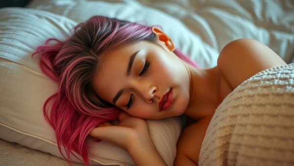 Pink-haired woman sleeping peacefully, illustrating obstructive sleep apnea impacts.