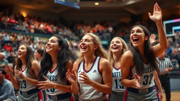 Basketball players cheering on the sidelines at a WNBA game.