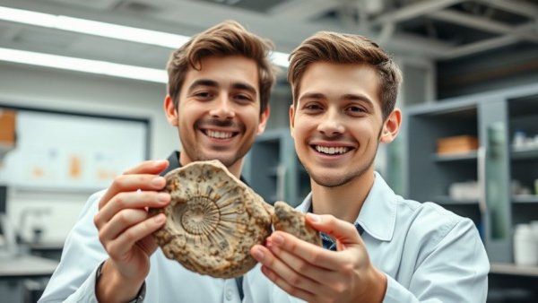 Smiling man examines rock fossil in a lab, dinosaurs evolution.