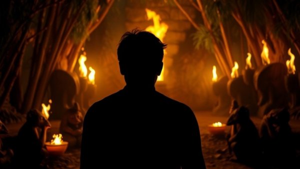 Dramatic Survivor 50 tribal council scene with mystery silhouette.