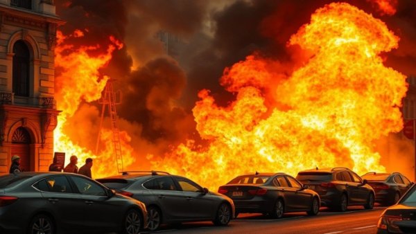 Urban fire in parking lot with cars engulfed in flames, corporate arson attack.