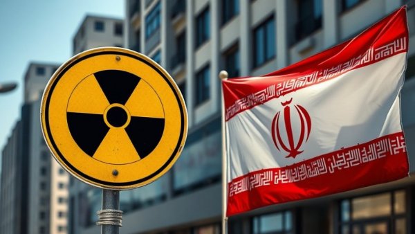 Iran return nuclear material concept with nuclear warning sign and Iranian flag.