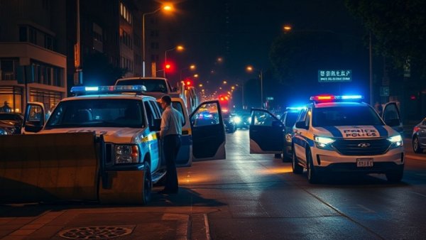 Nighttime police incident in San Antonio with vehicles and damaged barrier.