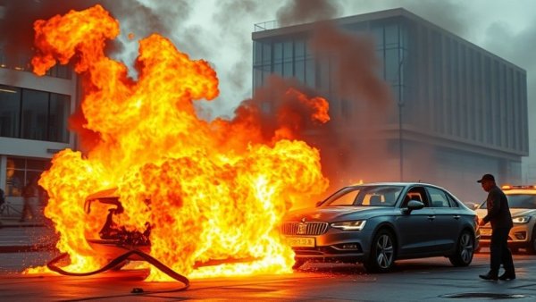 Corporate arson attack with cars on fire outside a building.