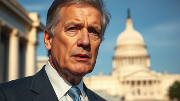 Middle-aged man in suit discussing funding for DHS with Capitol backdrop.
